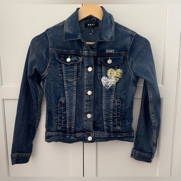 DKNY Girls Sequin Denim Logo Jacket Snap Closure Size L (12) blue - Picture 1 of 7